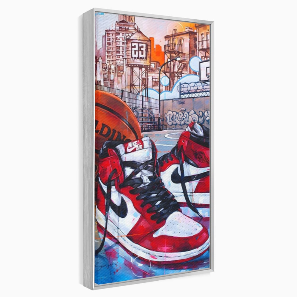 Tablou canvas cu tablou canvas cu adidasi si baschet, in rama de aluminiu argintiu